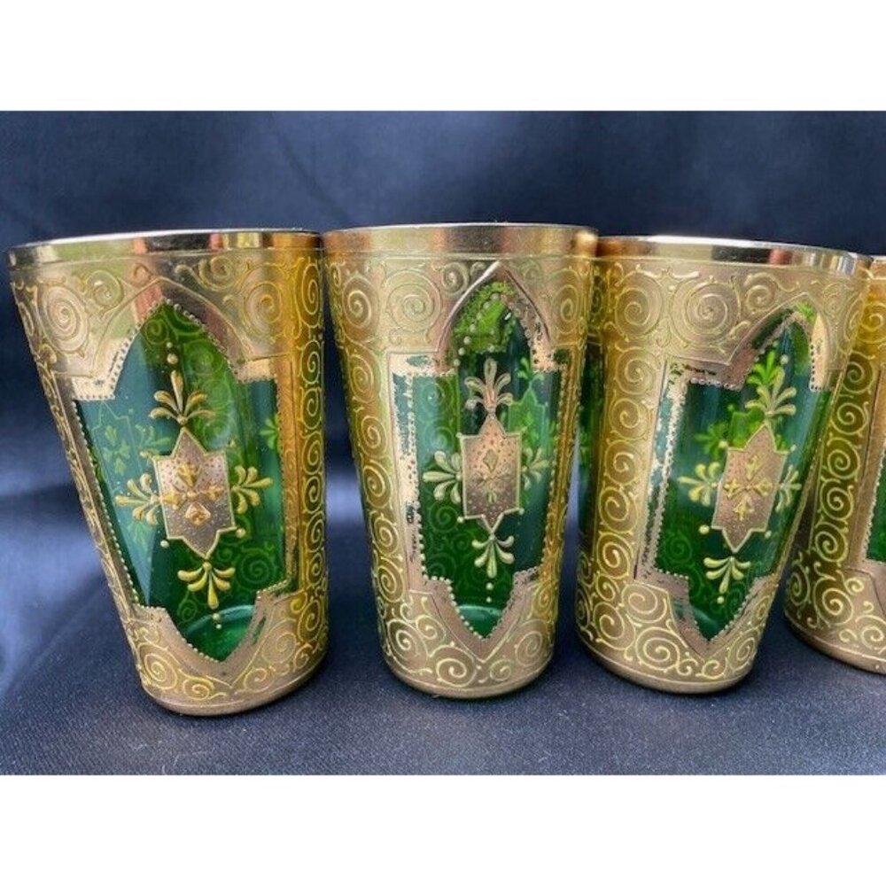 5 Vintage Handblown Moroccan Emerald Green Gold Tea Bar Drinking Shot Glasses